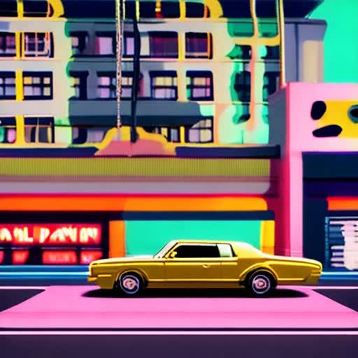 gold chains, rapping animatedly atop a glossy black vintage muscle car, crowds of various Muppets cheering in a gritty cityscape at dusk, dynamic angles, high-energy scene, graffiti art backdrop, neon lights flickering, 4K resolution, looped video with smooth motion, 90s hip-hop music video aesthetics, animated in the style of Adult Swim