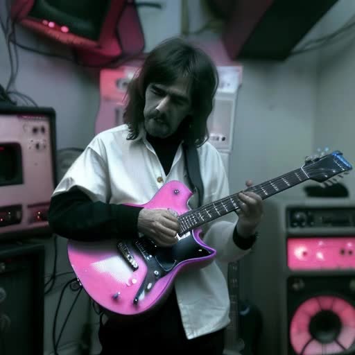 George Harrison  playing a guitar, (cyberpunk aesthetic), (psychedelic imaginery), 