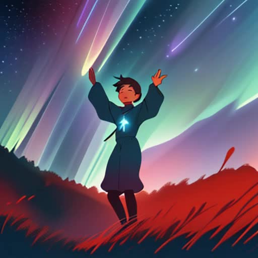 Scarecrow waving farewell, star-filled night sky, bioluminescent fungi, gently animated, tranquil atmosphere, constellation Orion visible, hints of Northern Lights, soft wind movement, shooting stars, looping video, Pixar-style animation