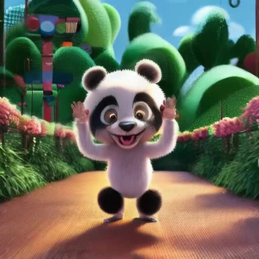 Pandi, an animated character, adorable and full of life, in the middle of a joyful dance, green foliage, colorful flowers, sparkling eyed, fluffy fur texture, 4K resolution, smooth motion, loopable video, cheerful background music, Cartoon Style, Disney-like animation quality