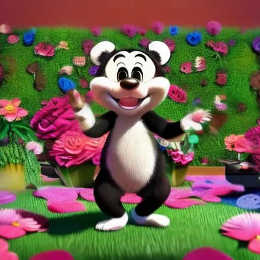 Pandi, an animated character, adorable and full of life, in the middle of a joyful dance, green foliage, colorful flowers, sparkling eyed, fluffy fur texture, 4K resolution, smooth motion, loopable video, cheerful background music, Cartoon Style, Disney-like animation quality