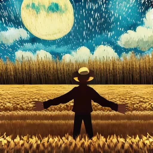 Scarecrow, waving goodbye, starlit sky background, glowing full moon, silhouette against cosmic canvas, wheat field gently swaying, wisps of hay in the breeze, tranquil, rustic charm, digital animation, Van Gogh-inspired brushwork, by Makoto Shinkai and Studio Ghibli