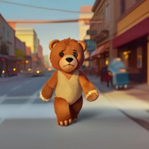Animated teddy bear, bipedal, ambling casually, downtown street setting, urban landscape, real-time, facing camera perspective, approachable expression, soft fur texture, subtle movement, golden hour lighting, warm glowing hues, heartwarming ambiance, Pixar-style animation, by Disney and DreamWorks