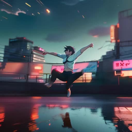 Anime-style adult character in mid-jump action, dynamic pose, Tokyo cityscape background, neon-lit signs reflecting on puddles, sunset hues in sky, dramatic shadows, motion blur to enhance action, 2D cell-shaded animation, high frame rate, smooth and fluid movements, by Makoto Shinkai and Studio Ghibli