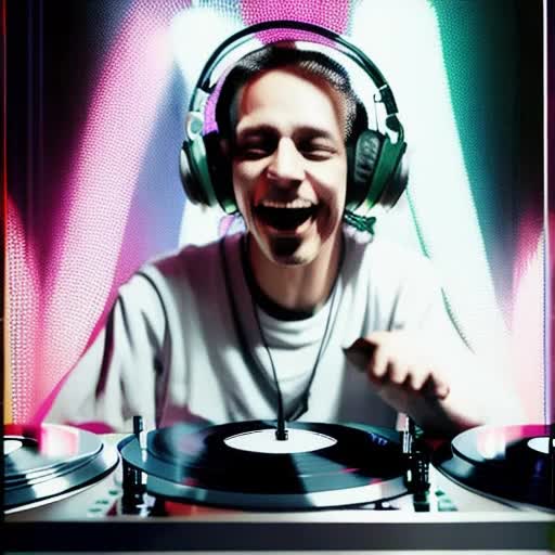 DJ dog in action, spinning turntables, wearing oversized headphones, nightclub atmosphere, music enthusiasts dancing in background, energetic pose, dynamic angle, photorealistic, by Tim Flach, with vivid colors and pulsating lighting effects, high-definition video with smooth motion, 60fps