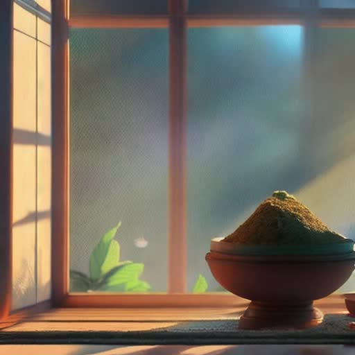 traditional mortar and pestle, hazy morning sunlight piercing through a rustic window, animated flowing movements, slow zoom-in, healing and wellness concept, serene atmosphere, soft earth tones, Sanskrit scriptures in the background, calming instrumental traditional sitar music overlay, 4K resolution, by Makoto Shinkai