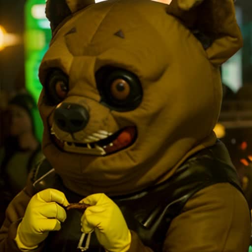  A deserted dark carnival at midnight, among the dilapidated booths stands a big, creepy guy in a bear costume, clutching a corndog in one hand