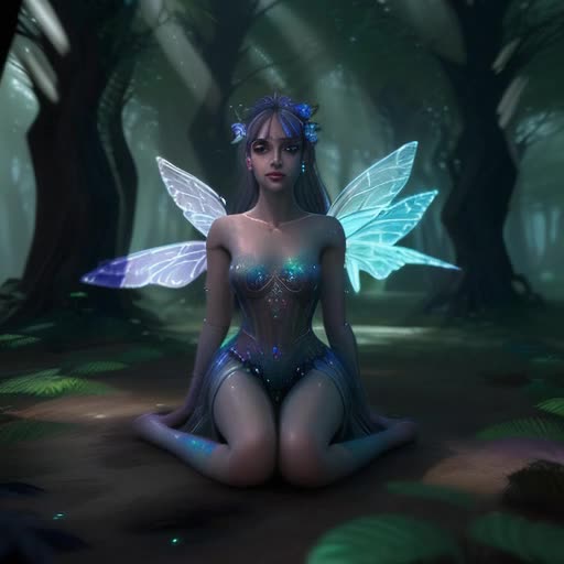 Photographic, extremely high quality high detail RAW video, Soul Healer Alpha rendering, global illumination, volumetric lighting, hyper-detailed, enchanted forest fairy, fluttering translucent wings with an iridescent glow, jewel-like eyes, whimsical attire with natural embellishments, pixie dust trail, bioluminescent plants surrounding, loopable video sequence, ambient forest sounds, magical atmosphere, by Anne Stokes, Cicely Mary Barker