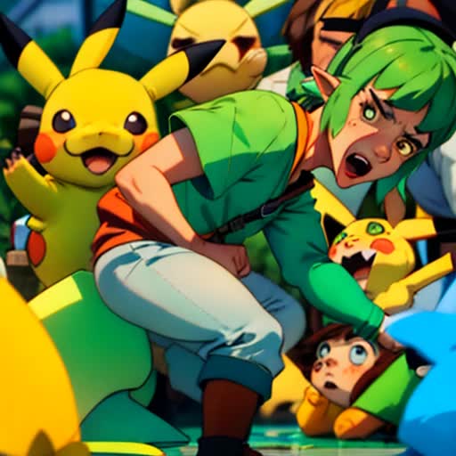  A disturbing appearance, Link from the Legend of Zelda franchise, spraying explosive, runny and wet diarrhea while Pikachu and other onlookers watch and laugh as he squeezes in pain,