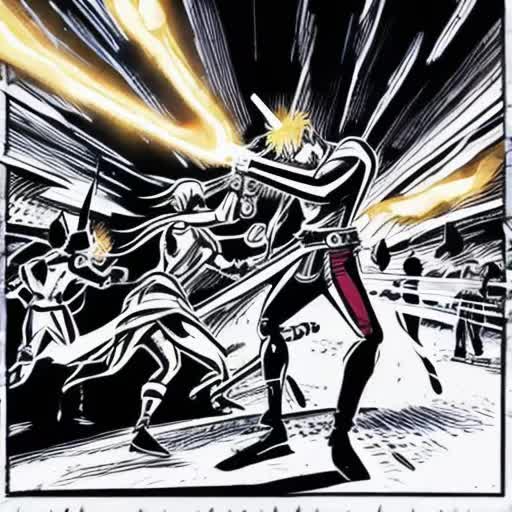 Two stick figures engaged in an epic duel, one wielding a lightning-enchanted sword, the other casting fireball spells, dynamic action poses, mid-combat, intense energy effects, detailed magic glyphs, comic book style, chaotic battlefield background, dramatic shadows, by Ryan Ottley and Greg Capullo, video sequence