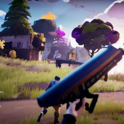 Fortnite battle royale, dynamic combat actions, energetic atmosphere, characters performing gun shooting, colorful gliders in sky, explosive effects, cartoon-style rendering, lively, action-packed, fast-paced, mid-game skirmish, 4K dynamic resolution, smooth animation loop, sunlit scenery, by Pixar and DreamWorks