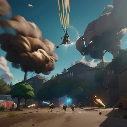 Fortnite battle royale, dynamic combat actions, energetic atmosphere, characters performing gun shooting, colorful gliders in sky, explosive effects, cartoon-style rendering, lively, action-packed, fast-paced, mid-game skirmish, 4K dynamic resolution, smooth animation loop, sunlit scenery, by Pixar and DreamWorks