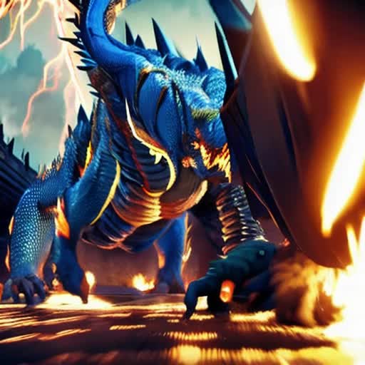 electrifying metamorphosis, human-to-dragon transformation, colossal powerful blue dragon, dynamic mid-action sequence, scales imbued with sparks, lightning arcing from snout, majestic and intimidating presence, wide-angle, cinematic quality, 1080p resolution, frame-by-frame animation, by Ryan Church and Feng Zhu