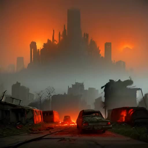 Post-apocalyptic cityscape, overgrown with foliage, fiery sky above, survivors scavenging among ruins, dystopian atmosphere, desolate, abandoned vehicles, digital art, cinematic, smoky ambiance, by Zdzisław Beksiński, dystopian cinema concept art