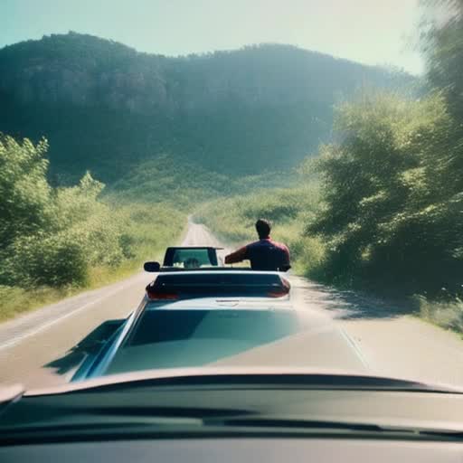 Two men enjoying a scenic drive, convertible car, open road, hazy summer afternoon, camaraderie, laughter, casual attire, dashboard view, soft focus on the landscape rolling by, vivid colors, dynamic angle, moment captured in motion, feeling of freedom and adventure, photorealistic, cinematic lighting, wide-angle lens effect