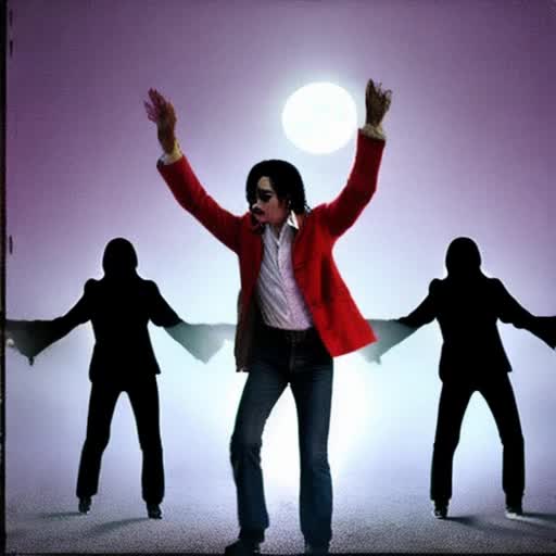 Michael Jackson in iconic red jacket, mid-dance move from Thriller music video, zombie backup dancers in the background, full moon, foggy graveyard scene, 1980s grainy film texture, moonlit with dramatic shadows, nostalgic, VHS effect, by Greg Rutkowski and Artgerm, cinematic 4k video quality