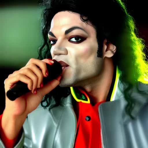 Michael Jackson in iconic red leather jacket, moonlit night, eerie fog, cast of zombies dancing, retro 1980s look, neon lights, dynamic video sequence, close-up and wide-angle shots, action-packed, by John Landis, cinematic quality, 4K resolution, hyper-detailed textures