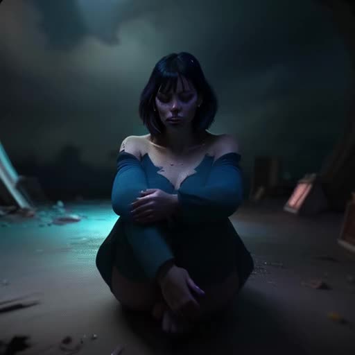 photographic extremely high quality high detail RAW photo Soul Healer Alpha rendering global illumination Volumetric lighting no ugly face  no glitches no extra limbs no deformities hyper - detailed photo vibrant colors Feminine Adult Maria Thayer, Sitting with legs crossed and hands in prayer position in a abandoned carnival dark moody thunderstorm she is feeling faithfull Blue-Black colored scene