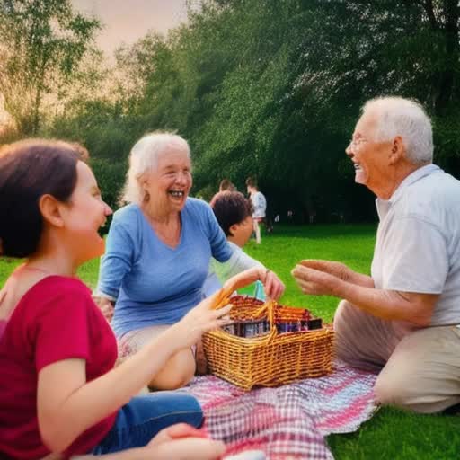 Multigenerational family gathering, diverse ages, cohesive, casual outdoor picnic setting, natural laughter, interactive poses, lush green park background, spread-out blanket, picnic basket filled with food, children playing with a ball, grandparents watching over with affection, warm sunset casting a golden hue, candid moments captured, wide-angle shot, lively and heartwarming atmosphere, photorealistic, extremely high quality high detail RAW photo, soft natural lighting