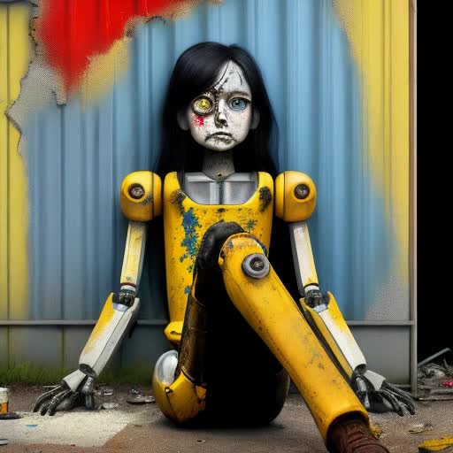 Robot girl, broken body, one yellow eye, one black eye, long black hair, Missing left arm, in a junkyard, sitting against a tin wall