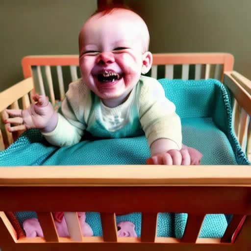 A cute laughing baby transforming into a cute werewolf puppy in a crib.  Baby mobile, rattle, pastels