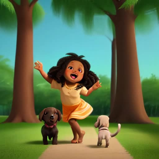 Geji, adorable African American baby girl, long black curly hair, singing, dancing, Yorkie puppy companion, swaying trees, rhythmic blue birds, dynamic movement, animated video, rich foliage diversity, bright, joyful, playful atmosphere, 4K resolution, smooth animation flow