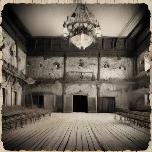 Mosquitoes adorned in elaborate Victorian costumes, waltzing in a rustic ballroom, timeworn yet grand abandoned barn, faded chandeliers casting a soft glow, cobwebs adding to the decadent atmosphere, whimsical, digital animation, by Studio Ghibli and Tim Burton, vintage sepia tones, ambient lighting, wide-angle view