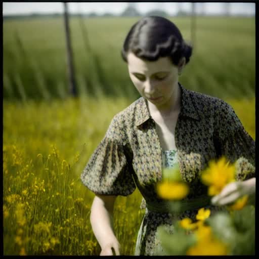 Photographic, extremely high quality high detail RAW photo, woman in a vivid floral dress picking fresh wildflowers in a sunlit meadow, realistic, high definition, bountiful and colorful garden, close-up details on delicate petals, soft warm lighting, immersive depth of field, by Annie Leibovitz and Greg Rutkowski