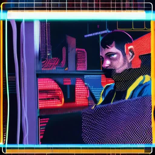 Gowtham: protagonist, cyberpunk hacker, neon-lit underground lair filled with computer screens, futuristic Tokyo cityscape visible from window, tech-enhanced outfit with glowing accents, concentration on task at hand, fast typing, multiple holographic displays, ambient synthesizer music background, short animation clip, cinematic lighting, cybernetic implants visible on skin, tension in the air, by Ridley Scott and Masamune Shirow, high-resolution, sharp focus