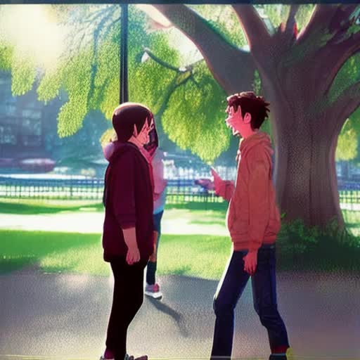 Two teenagers meeting for the first time, awkward yet curious glances, casual urban park setting, sunlight filtering through trees, soft laughter, subtle facial expressions convey nervous excitement, blossoming friendship vibe, candid style, cinematic slow-motion effect, background city sounds subtly blending with nature, by Makoto Shinkai and Norman Rockwell