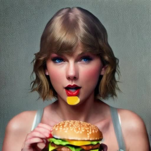 extremely high quality high detail RAW photo, Taylor Swift with hyperrealistic proportions at 500 pounds, indulging in a McDonald's meal, grasping a juicy hamburger, golden crispy fries, high-key lighting, candid close-up, subtle emotions, by Martin Schoeller