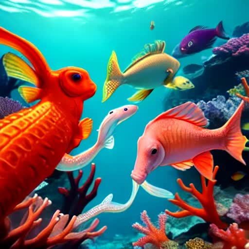 Underwater beautiful city, seahorses, corals, different type of fishes and sealife
