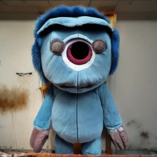 Extremely high quality high detail RAW photo, derelict toy factory setting, large plush monster resembling Huggy Wuggy in a state of dramatic disrepair, components scattered around, lifeless eyes, torn blue fur, synthetic stuffing emerging from rips, dim light filtering through broken windows, foreboding shadows, subtle dust particles in air, tense atmosphere, scene of abandonment, aesthetic reminiscent of survival horror games, hyper-realistic textures, eerie mood