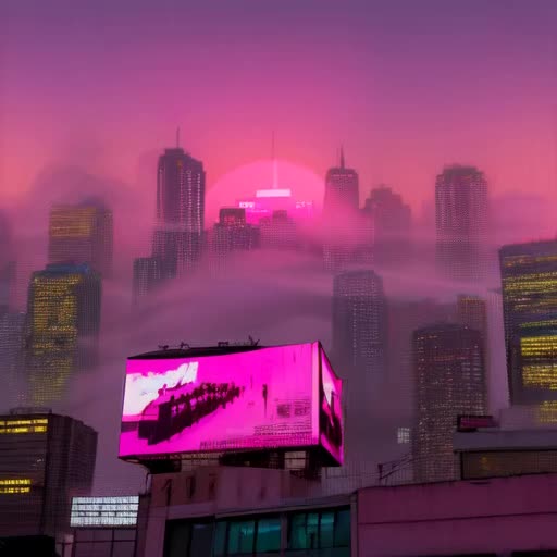 Cyberpunk scenery with Tokyo influence, pink colors, neons, bright, sunset, sakuraanimated billboards, futuristic yet traditional aesthetic, glowing atmospheric fog, high-resolution video loop, dusk with artificial lights dominating the skyline