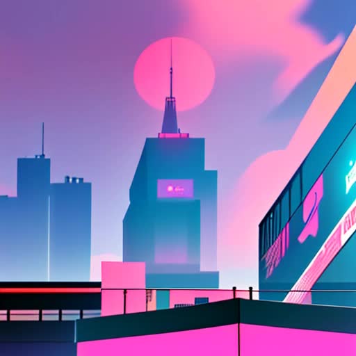 Cyberpunk scenery with Tokyo influence, pink colors, neons, bright, sunset, Sakura, animated billboards, Kawaii aesthetic, glowing atmospheric fog, high-resolution video loop, dusk with artificial lights dominating the skyline