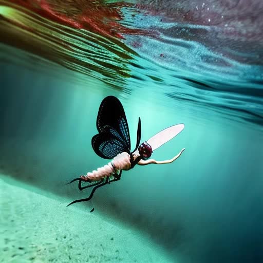 Gothic fairy swimming underwater chasing a dragonfly 