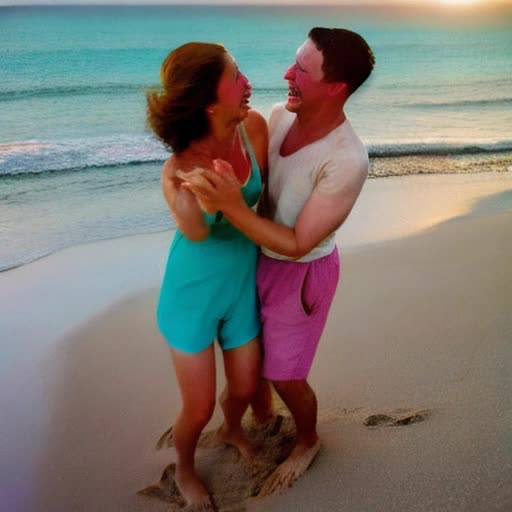 Photographic, extremely high quality high detail RAW photo, joyous couple laughing together, casual beachwear, candid interaction, soft golden hour lighting, sparkling turquoise sea, playful atmosphere, footprints in the sand, gentle sea breeze, sun-kissed skin, spontaneous dance, sunset backdrop, shallow depth of field, captured mid-movement, by Annie Leibovitz and Norman Rockwell