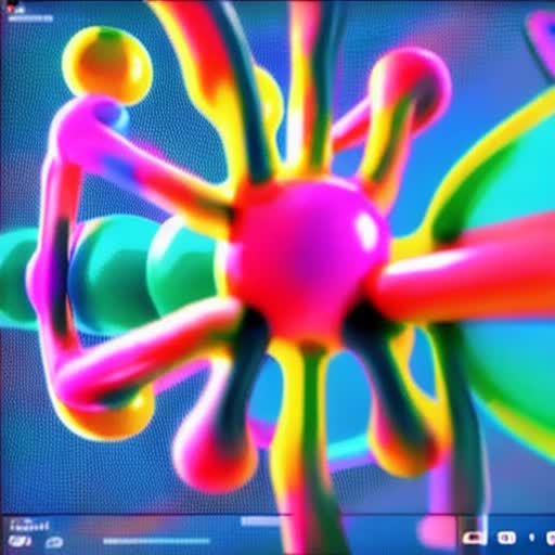 hydrogen fluoride molecule simulation, intricately animated, 3D rendering, atomic bonds visualization, high-quality CGI, scientifically accurate structure, subtle motion, vivid colors reflecting spectral emission lines, looping video, educational demonstration, by Blender and Autodesk Maya