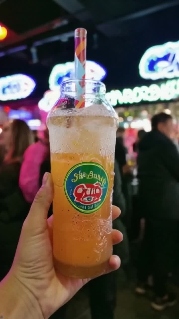 Bubbling fizzy drink with vibrant label featuring potato imagery Thirsty customers grab bottles with curious expressions Bright neon lights of a trendy urban bar bustling with chatter and laughter Tantalizing aroma of salty snacks wafts through the air Mixed sounds of clinking glasses and upbeat music create an energetic atmosphere