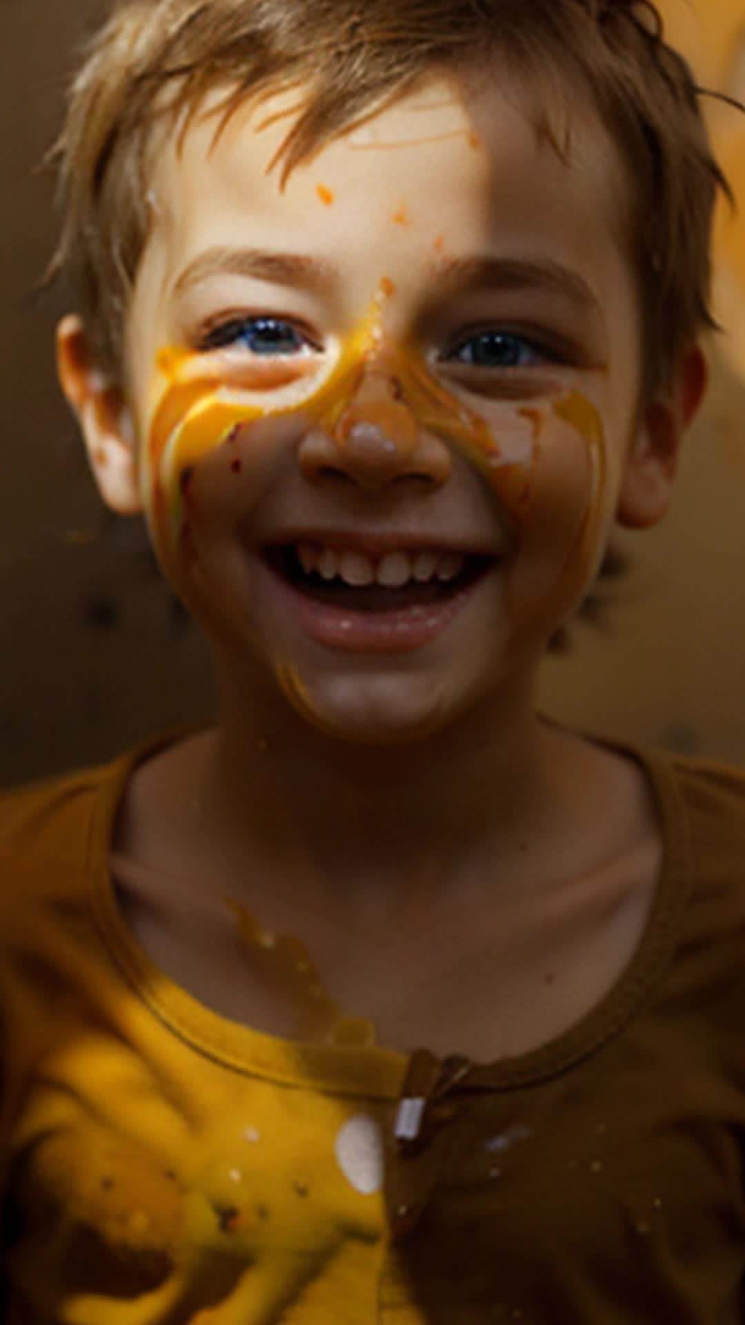 Playful child flicks orange paint at another, laughter echoing, eyes sparkling with mischief, soft shadows, high resolution