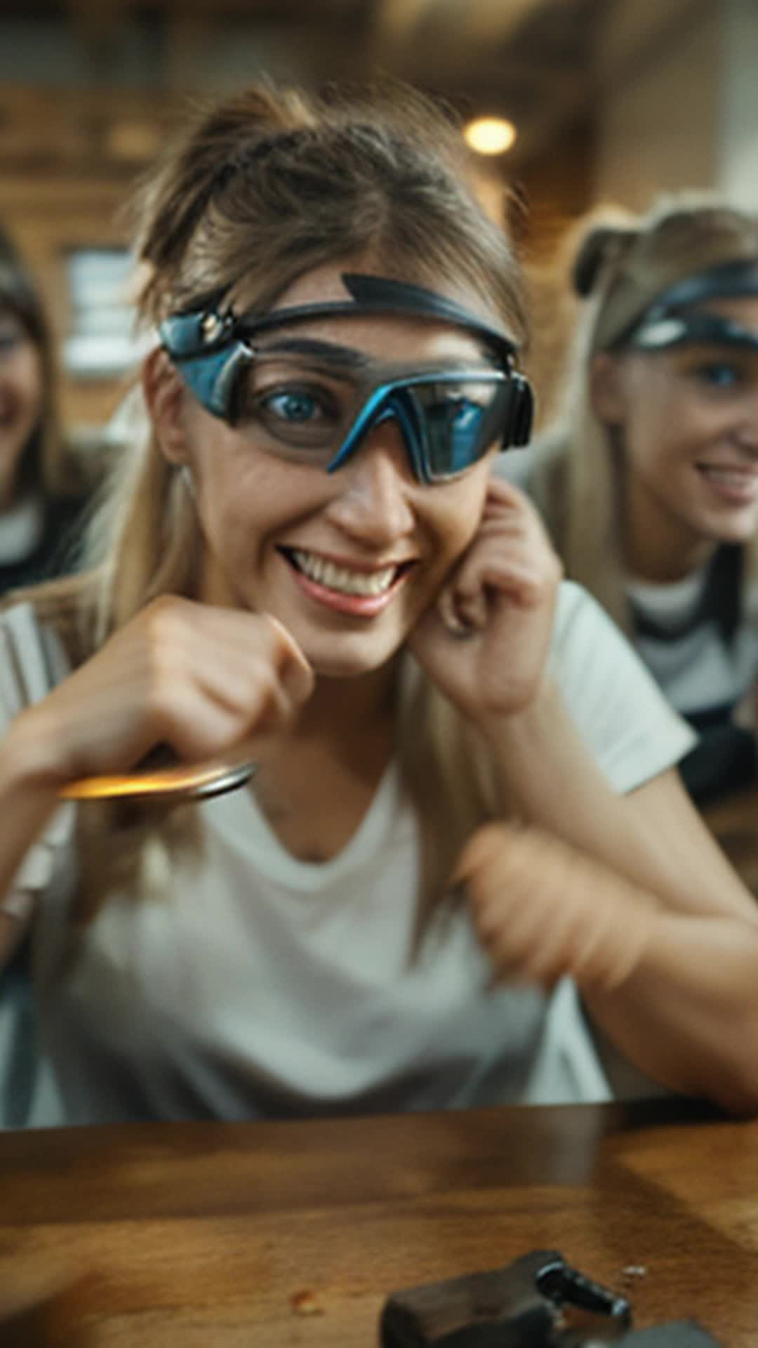 Mia swiftly adjusting safety goggles, exchanging grins with teammates, vibrant spark of excitement shared, workshop background, tools and wood pieces scattered, motivational, energetic ambiance