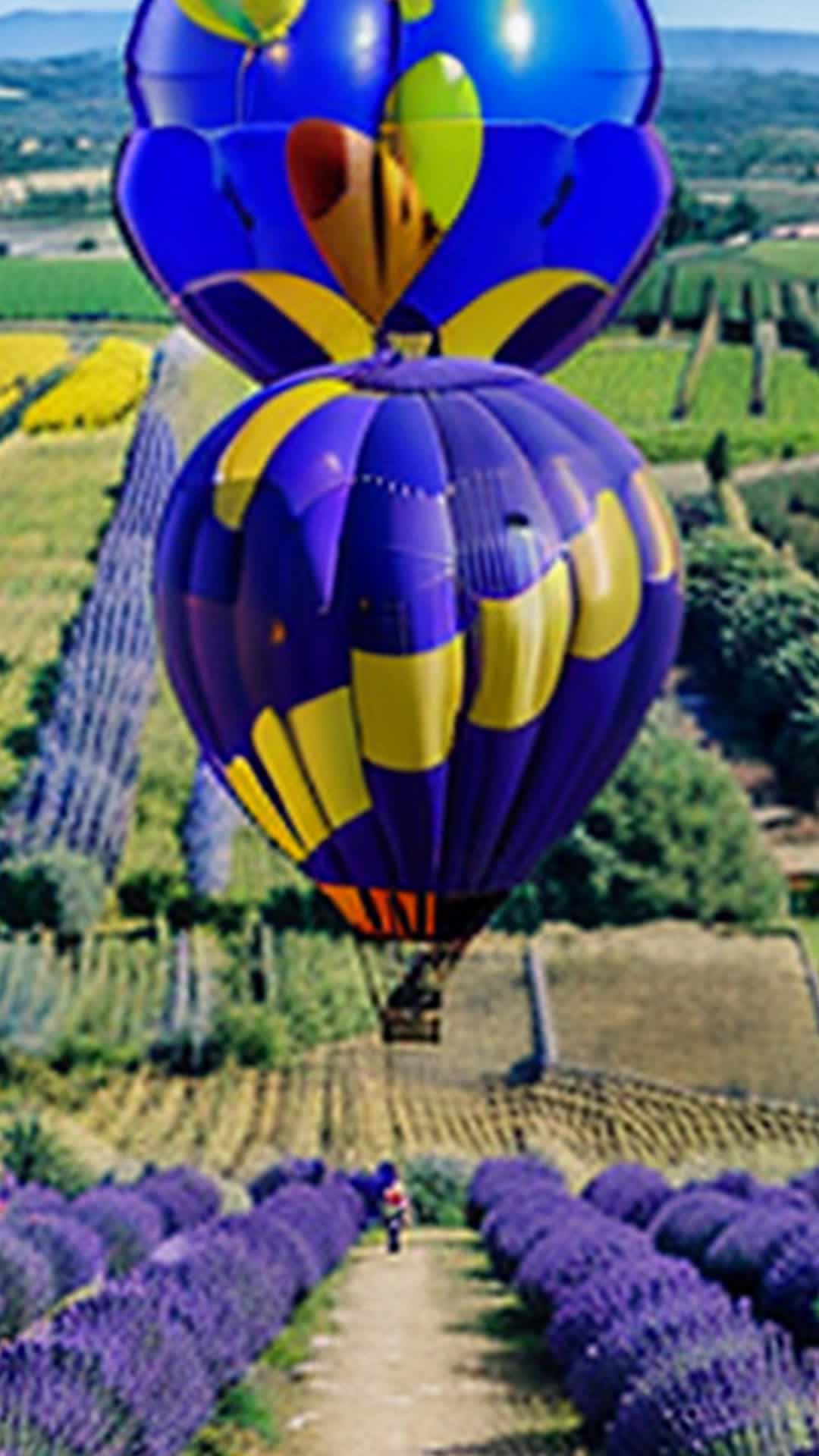 Balloon soaring over lavender fields in Provence, cat's wide eyes gleaming, playful butterflies fluttering around