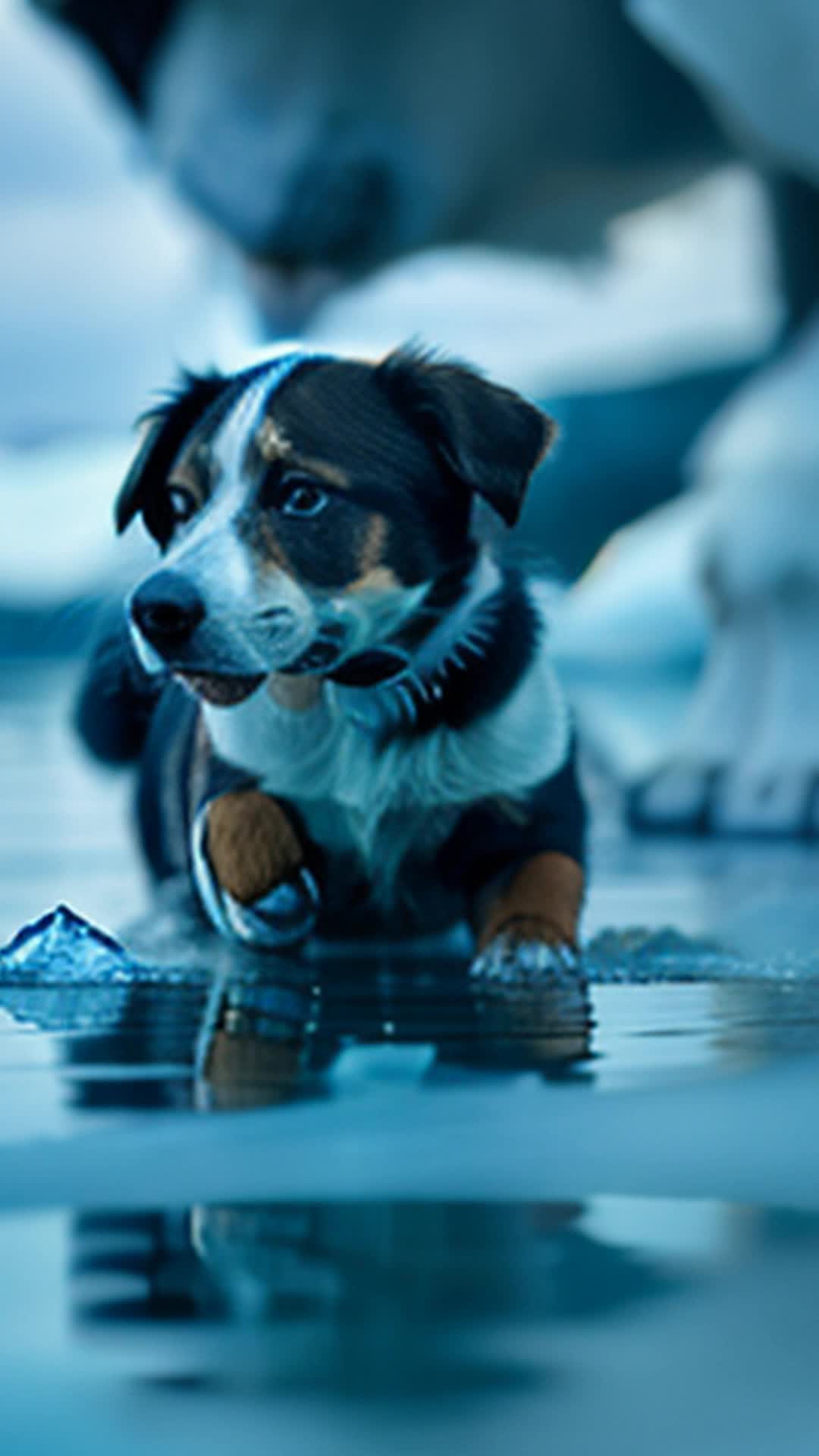 Barky, puppy, peers over ship's edge, Greenland icy shores, icy water splashes against hull, curious, attentive stance, cool blue and white tones, crisp, detailed texture of ice