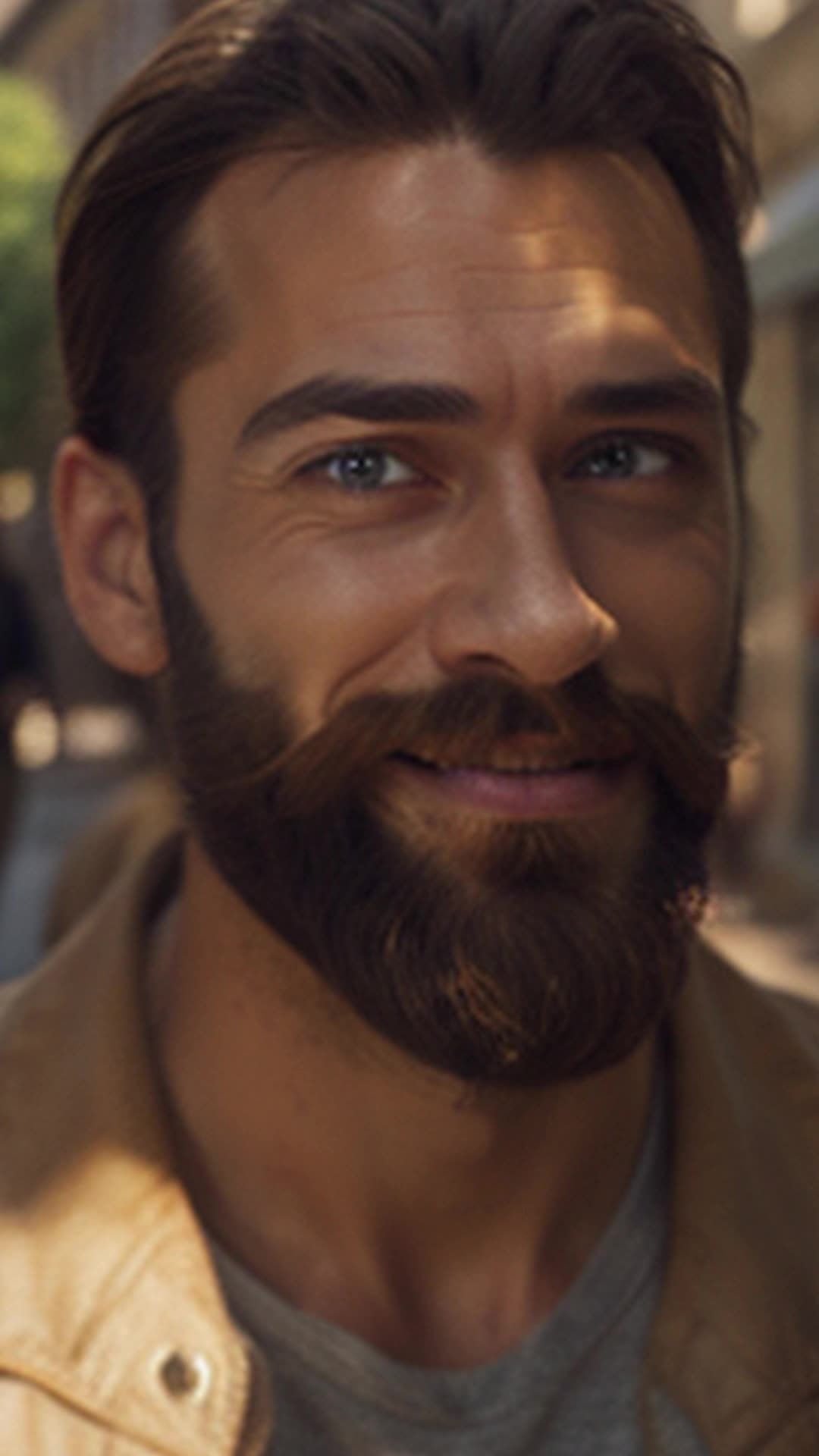 Transformed beard, lustrous shine, Tim smiling confidently, head-turning moments, citizens of town looking impressed, vibrant street scene, crisp sunny day, soft shadows enhancing facial features