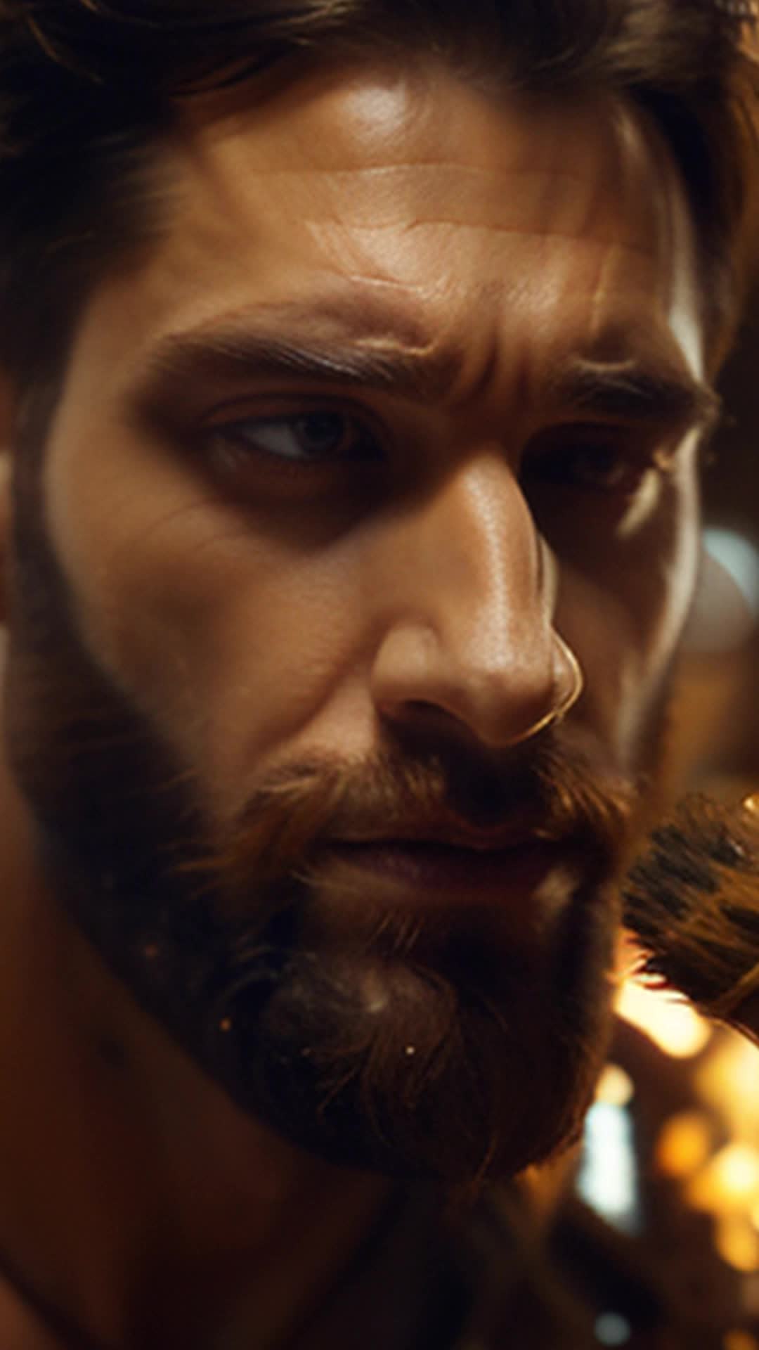 Tim applying Beardly beard oil, vigorous rubbing, close-up of hands working oil into beard bristles, detailed texture of beard, soft-focused background, warm lighting accentuating the shine