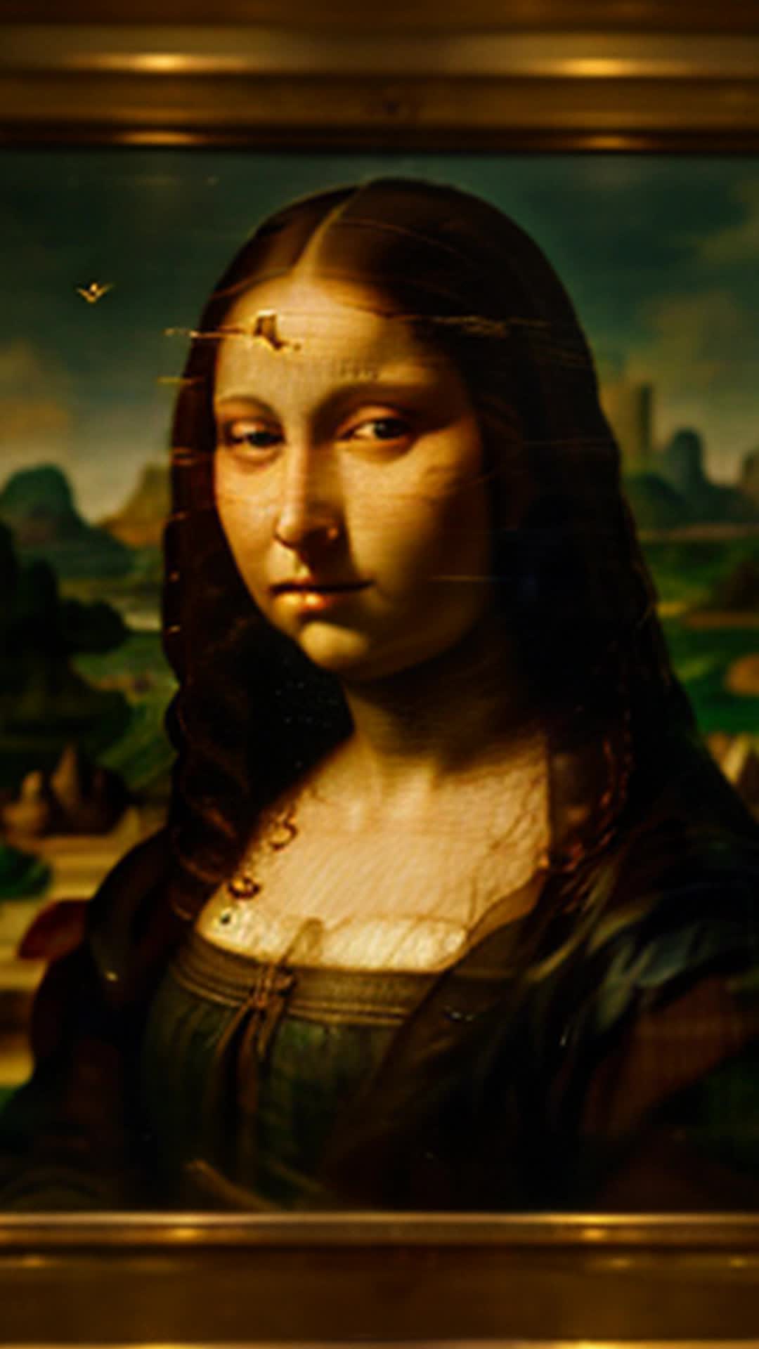 Final masterpiece reveal, 'The Bearded Mona Lisa', Leonardo da Vinci admiring, profound impact, Renaissance beauty standards transformed, vibrant palette, detailed frame, warm glowing light