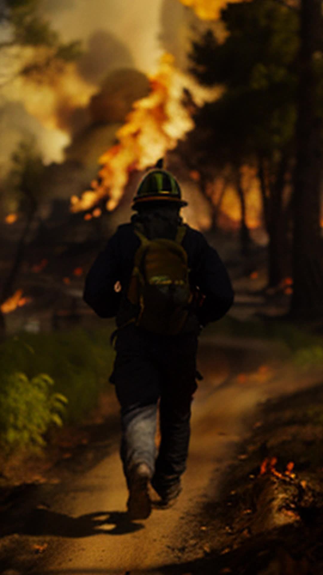 Biologist sprinting through forest fire, holding rare plant, research lab encircled by fire in background, desperate race, potential revolutionary fire retardant
