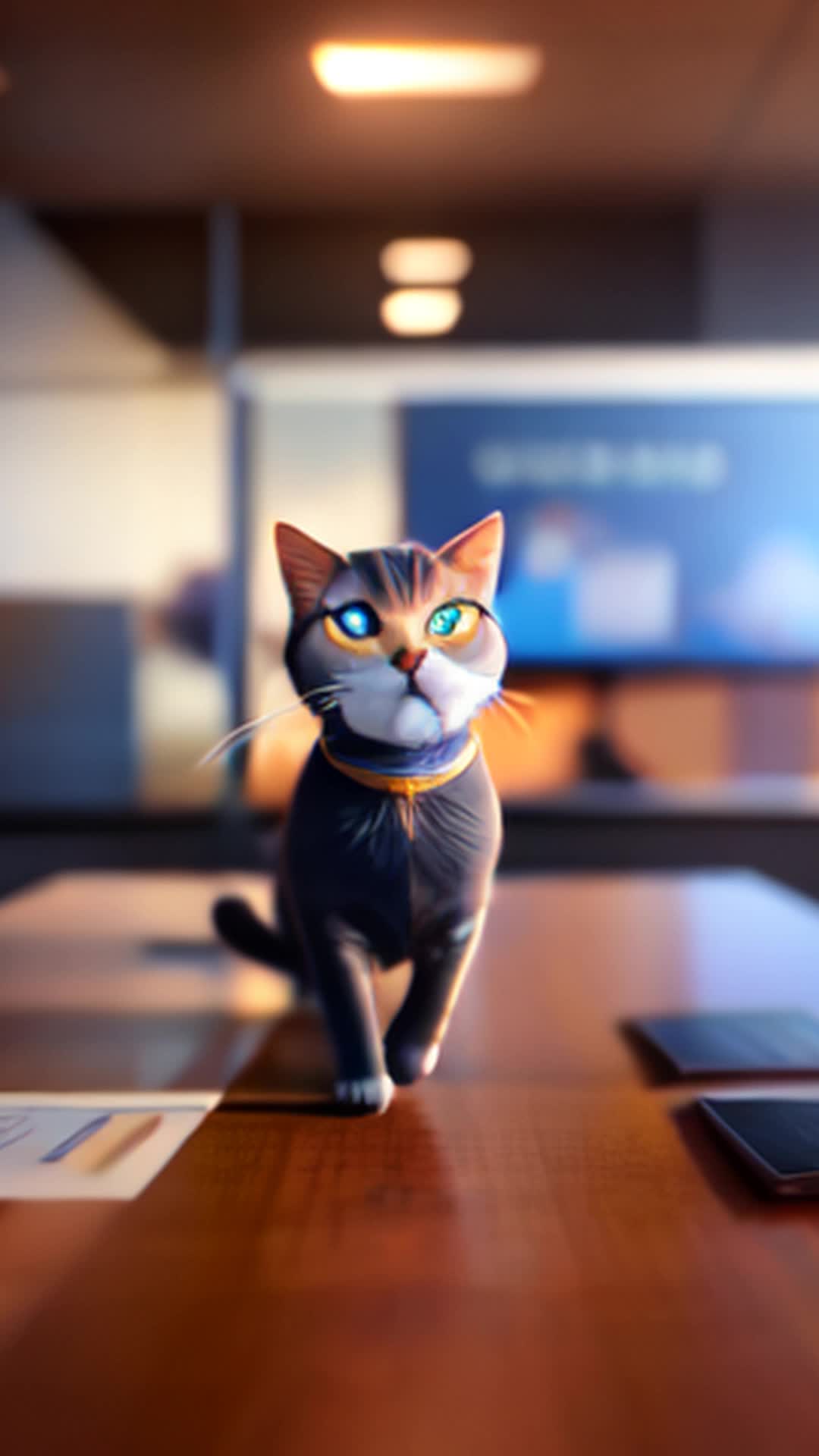 modern conference room setting, cat jumping onto table, negotiating with executives, executive's awestruck expressions, detailed corporate documents on table, soft and warm lighting, full body shot, rendered by octane