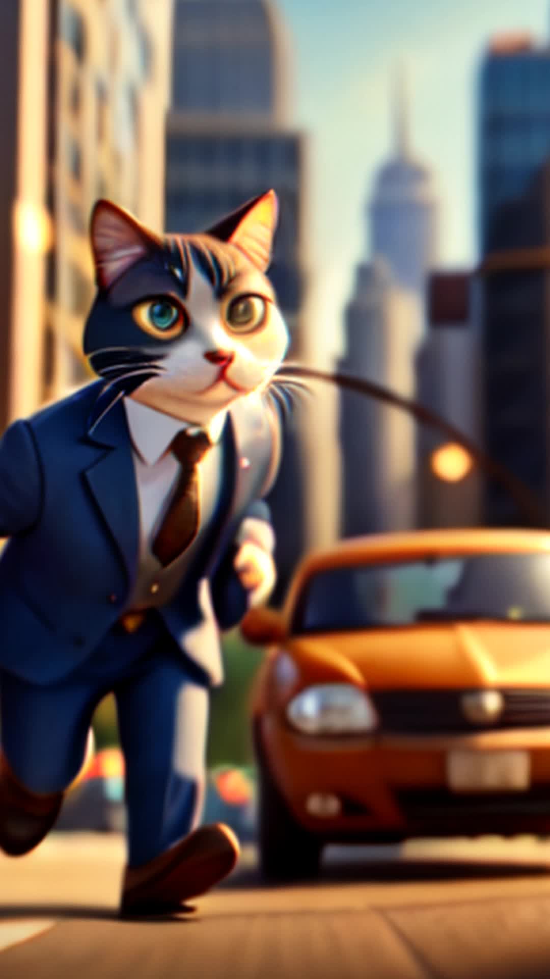 bustling city background, cat in tailored suit, darting through crowded streets, towering office buildings in background, highly detailed, dynamic motion blur, wide-angle shot