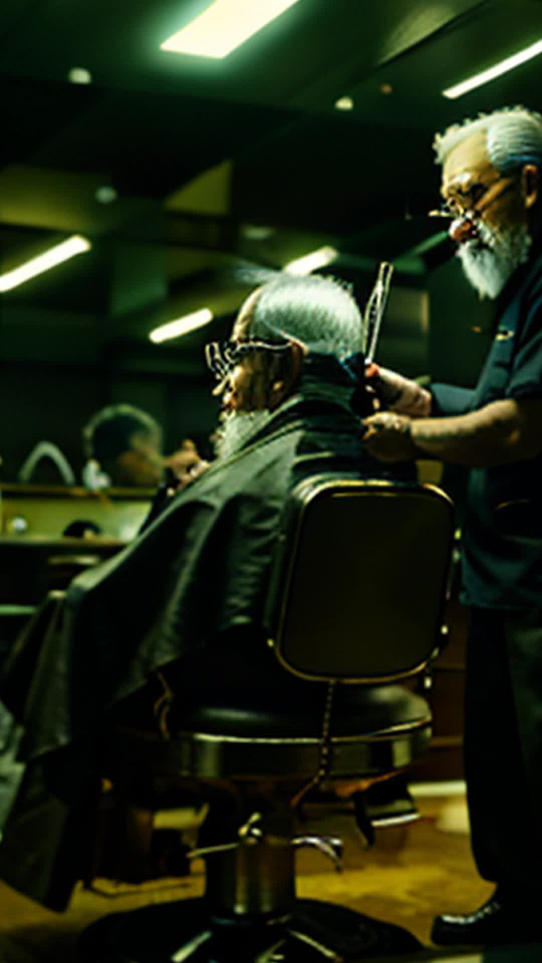 Elderly Asian man in barber shop, glinting scissors, skillfully snipping silver beard, bright overhead lights, barber chair, mirrors reflecting actions, atmosphere of anticipation